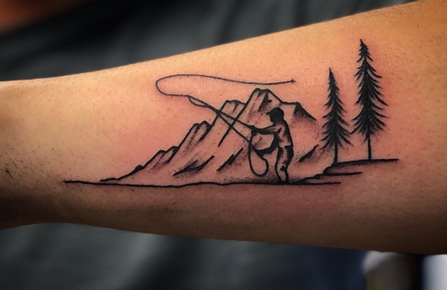 Fly fishing heaven tattoo by Kc Carew at Gold Standard Tattoo in Bend, Oregon