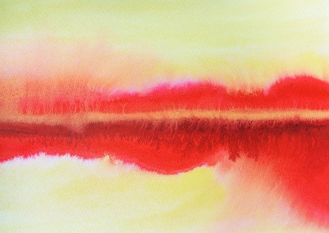 An abstract in bright red with a thin yellow line represents a sunset on a lake.