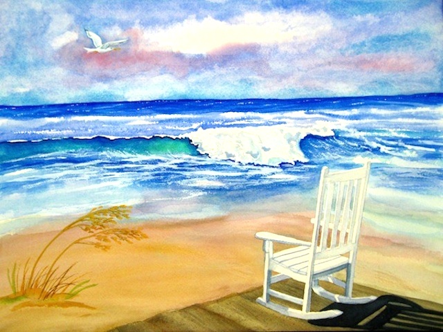An invitingly empty rocking chair faces a bright blue ocean while a sea gull floats by in a sunny sky.