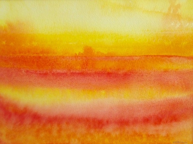 An original abstract watercolor painting is ablaze with colors of orange and red.