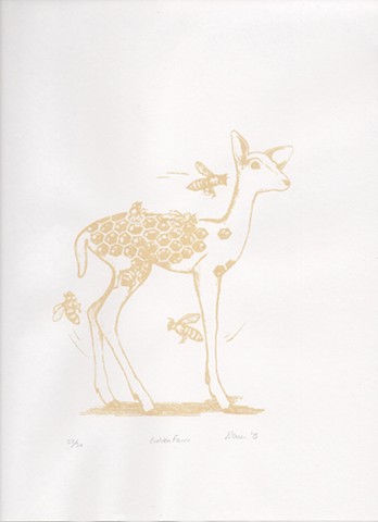 Gold Print of Fawn with honeycomb pattern and bees