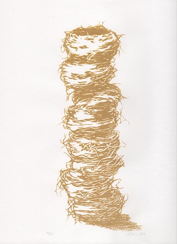 Gold coloured silk-screen of birds nest drawing