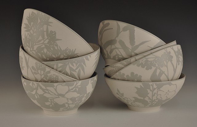 Katherine Hackl, potter, ceramics, Grey Porcelain Bowls, Set, etched porcelain, Deer isle maine
