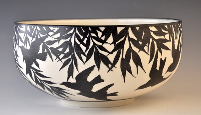 Black Etched Porcelain Bowl, Large Katherine Hackl, potter, ceramics, etched porcelain, Deer isle maine
