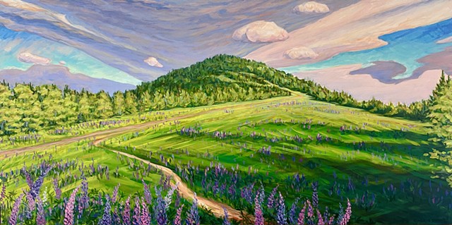 Galen Davis, Blue Hill and Lupines, oil painting, woman artist, Maine
