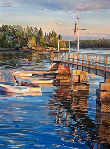 Marjorie Glick, Yacht club days end reflections, coastal scene, watercolor, Maine, Stonington, Deer Isle, Blue Hill