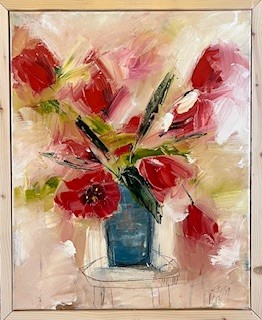 Red Flowers in Blue Vase