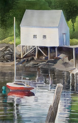 Marjorie Glick, Red blue green and white, coastal scene, watercolor, Maine, Stonington, Deer Isle, Blue Hill