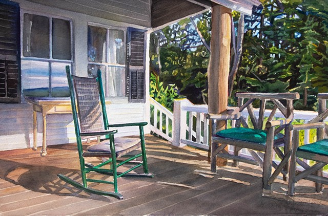 Marjorie Glick, Rockledge Porch, September Afternoon, Watercolor, woman artist, Deer isle, stonington, maine