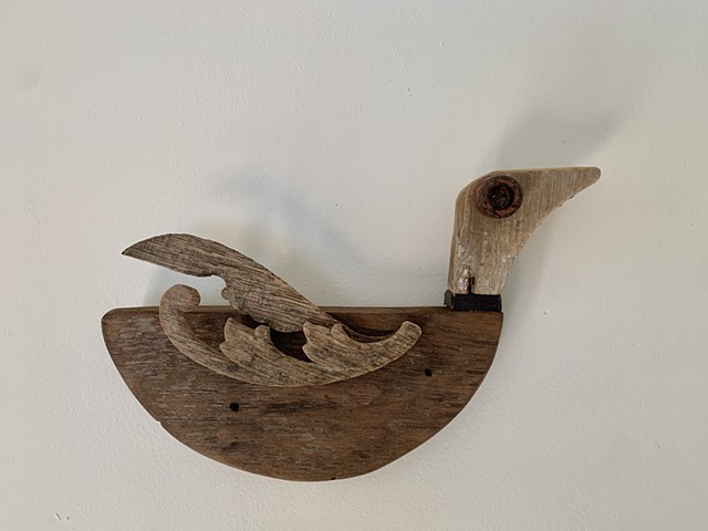 Conny Hatch, ring neck duck, found material sculpture, belfast maine, deer isle, woman artist