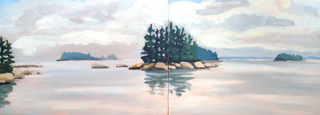 Alix Bacon, Dutch Weir, Paintings, Deer Isle, Maine, Stonington, Diptych, Oil Painting