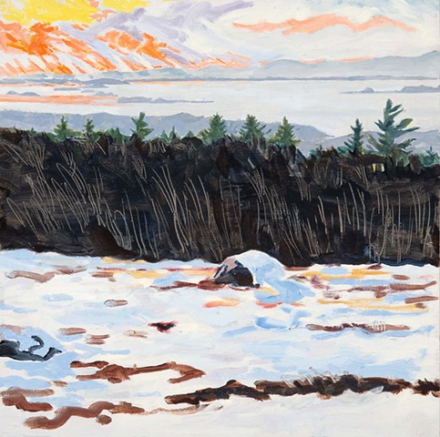 Larry Moffet, snowy sunset, deer isle, local artist