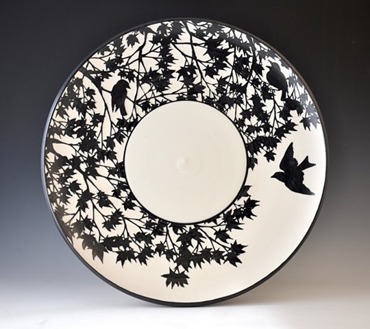 Katherine Hackl, potter, ceramics, black Porcelain plate, etched porcelain, Deer isle maine