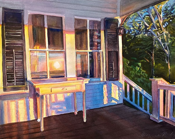 Marjorie Glick, Rockledge Porch, September Afternoon, Watercolor, woman artist, Deer isle, stonington, maine