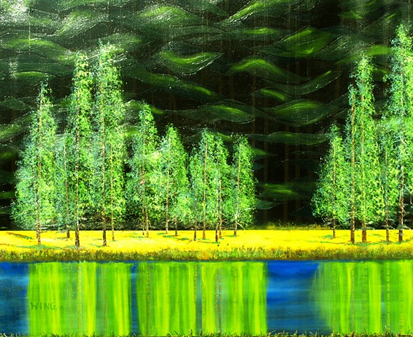 bright original landscape in oil sun trees lake forest
