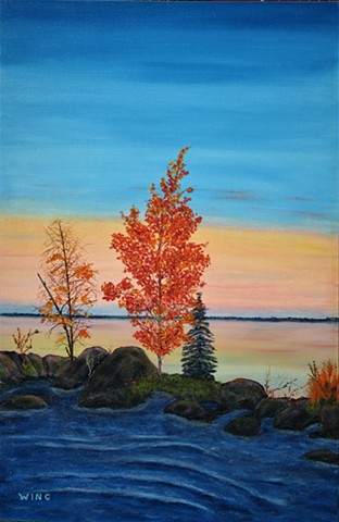 original landscape oil painting lake trees 