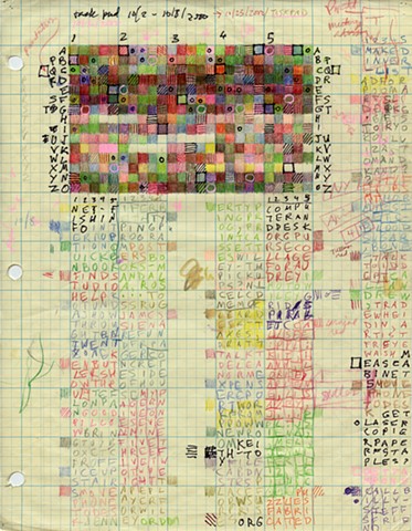 Colored pencil, marker, ink on graph paper. Text art.