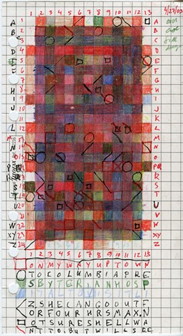 Colored pencil and graphite on graph paper. Made while riding subway.