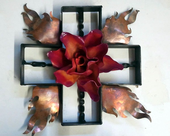 Forged steel sculpture of the 4 sacred directions, steel rose sculpture, sculpture with fire