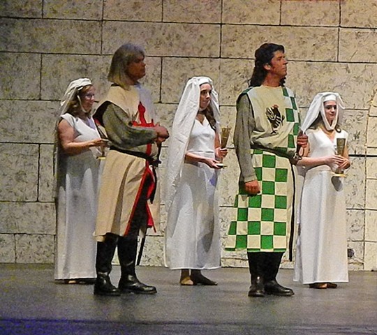 Sir Galahad, Sir Robin, and three Castle Anthrax Sisters