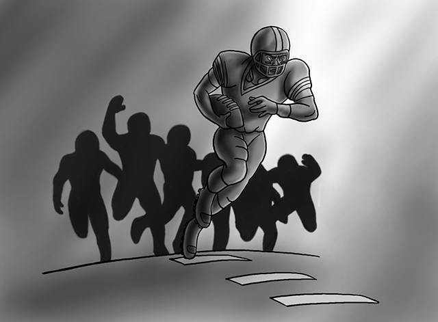 Football Charge, illustration, drawing, black and white, rush, rushing, sprint, field, arena, sports, action, ed pollick, edward pollick, pollick art, pollick drawing, pollick painting, pollock, pollick artwork, pollick artist, las vegas, vegas artists, b