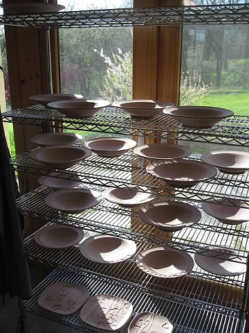 Bisque ware drying, stoneware dinner bowls. by Carol Naughton Ceramics