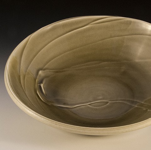 Ceramic Bowl, Textured slip. Porcelain clay, grey/green glaze.  by Carol Naughton Ceramics
