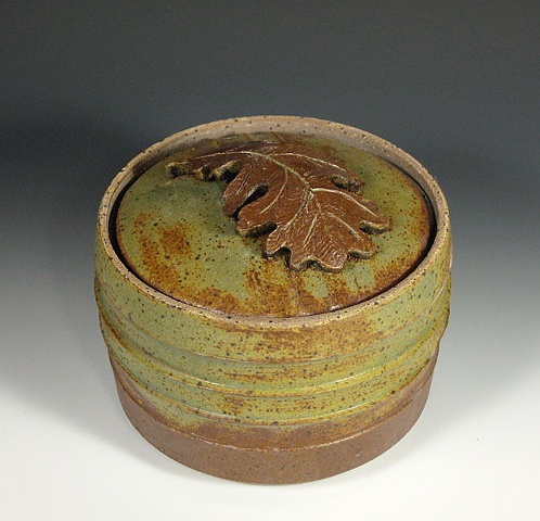 stoneware, covered container, burr oak leaf, green glaze, by Carol Naughton Ceramics
