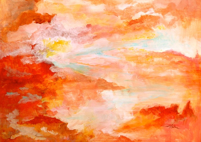 Image "Layers" is an original abstract acrylic painting on canvas  in bright shades of orange, gold, and yellow.