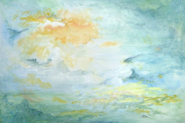 Image "Sometimes a Peace" is an original abstract acrylic painting on canvas in pale blues, greens and soft yellows.