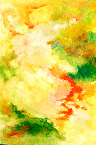 Image "When All is Bright" is an original abstract acrylic painting on canvas,in vivid yellow and greens with orange.