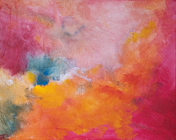 Image "Mindgarden II" is an original abstract acrylic painting on canvas in shades of red, gold and pink..