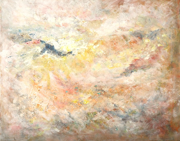Image "And Then Came the Light" is an original abstract acrylic painting on canvas, in pastel shades of pink and gold.