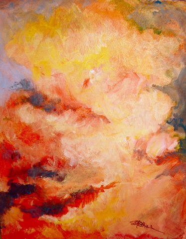 Image "Summerhot" is an original abstract acrylic painting on canvas,  in vivid oranges, reds and yellows.
