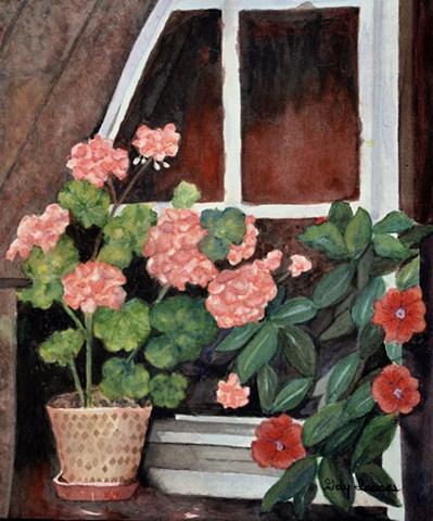 Geraniums and Periwinkles in a Box