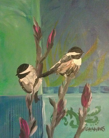 chickadees, abstract, blue, floral, impressionistic