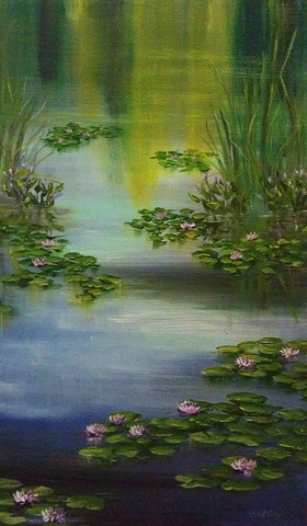 pond, lily, lilies, water lilies, cat tails, reflection, peace, harmony, sunshine, bloom, blossom