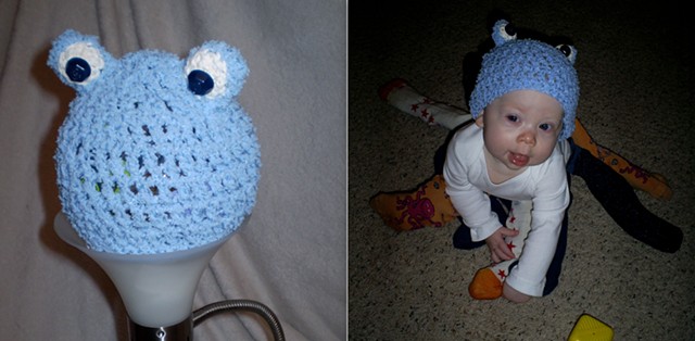 hand-crocheted frog baby hat