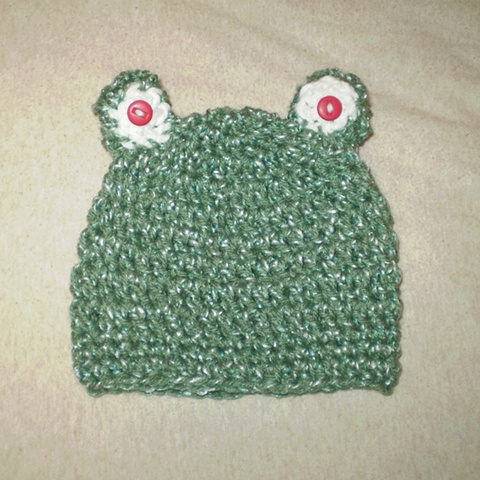 hand-crocheted frog baby hat