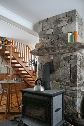 chimney for woodstove and flamed granite hearth