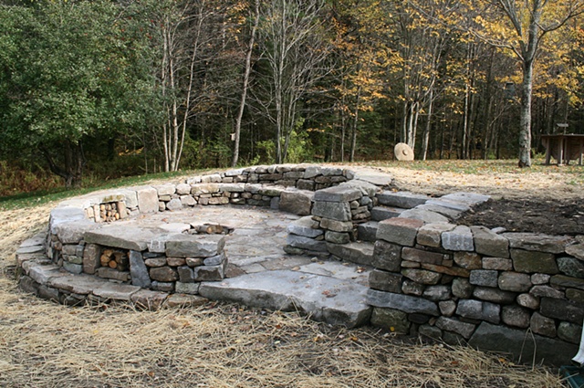 firepit with patio and double intersecting walls, steps, more, drylaid granite and fildstone