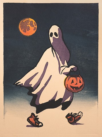 A woodblock print by Dan Fionte, his second annual Halloween print, of a ghost out for a trick-or-treat on Halloween who is afraid of his own shadow.
