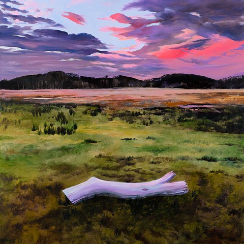 An oil painting of a sunset over the trampled and grazed cow pastures of Colby Farm, along Scotland Rd in Newbury, Massachusetts