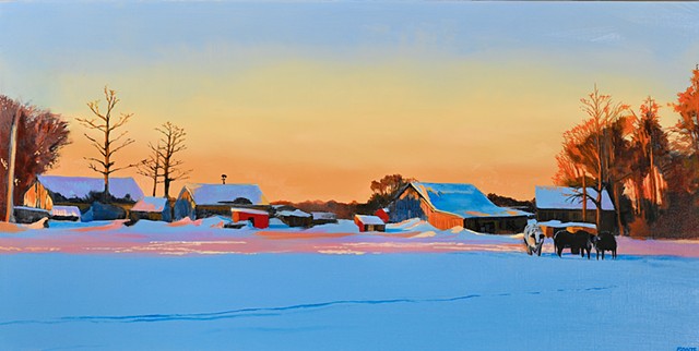 An oil painting of a winter scene at Colby Farm in Newbury, Massachusetts, near Newburyport, by Daniel Fionte