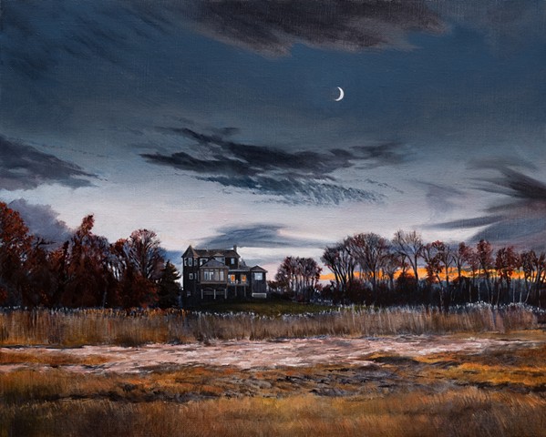An oil painting from Dan Fionte's the Great Marsh Series, from Newbury, Massachusetts, not far from Newburyport.