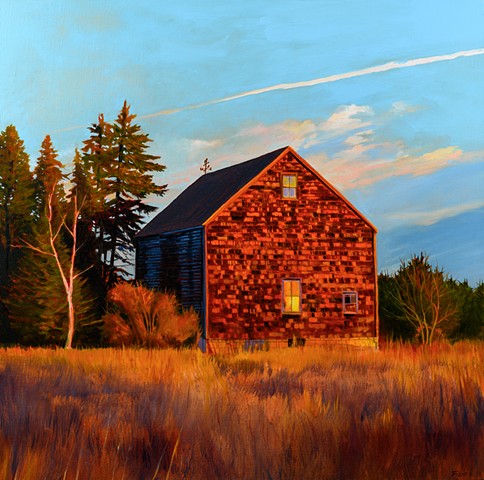 An oil painting of an historic barn in Newburyport, Massachusetts, situated in the middle of a large industrial park.