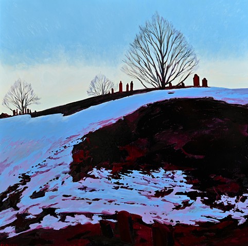 An oil painting of a winter scene featuring Old Hill Burying Ground in Newburyport, Massachusetts