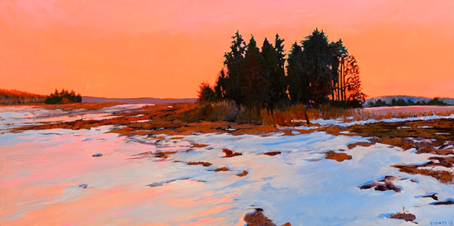 An oil painting of a winter scene with golden hour light in an area of the great marsh called Little River Pasture, near Old Town Hill in Newbury, Massachusetts, not far from Newburyport, Massachusetts