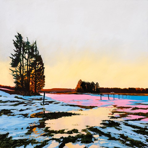 An oil painting of a winter scene with a frozen flood in an area of the great marsh called Little River Pasture, near Old Town Hill in Newbury, Massachusetts, not far from Newburyport, Massachusetts