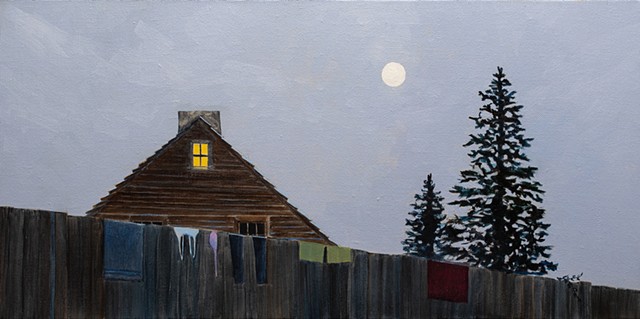 A semi surrealist painting of the essence of a New England summer featuring a colonial house with laundry hung over the fence on a full moon night. 